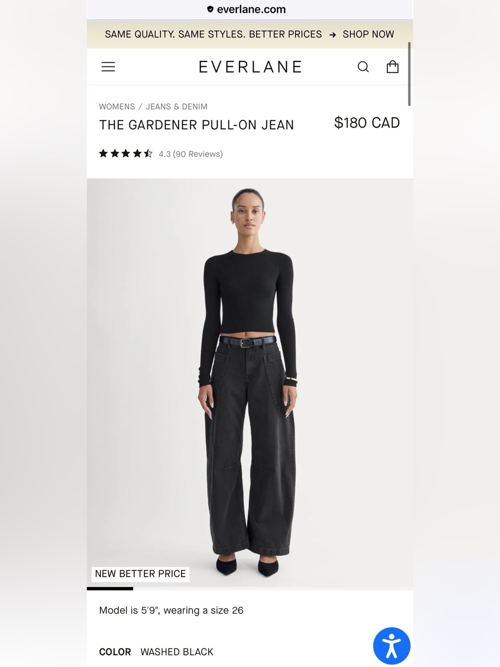 Everlane The Gardener Pull-On Jean Wide Leg Black Color Waist 27R Regular